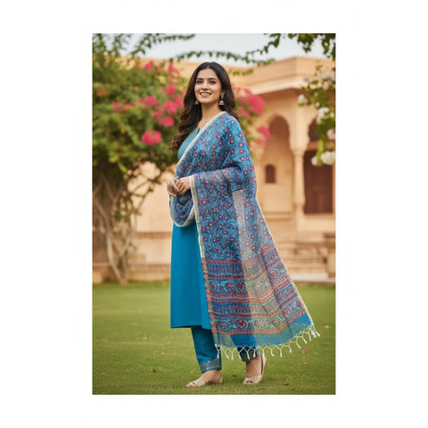 Sky Blue Kota Doria Dupatta | Bagru Floral Jaal Block Print | 235x90cm