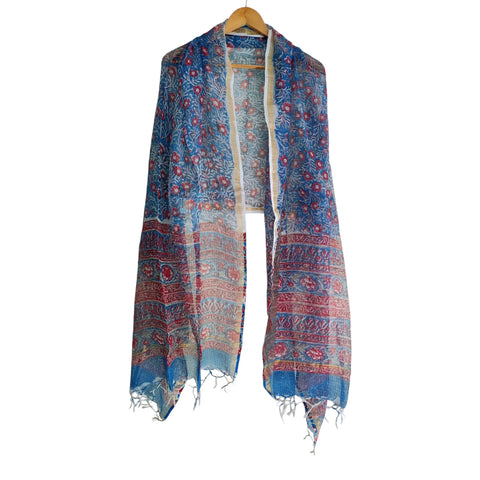 Sky Blue Kota Doria Dupatta | Bagru Floral Jaal Block Print | 235x90cm