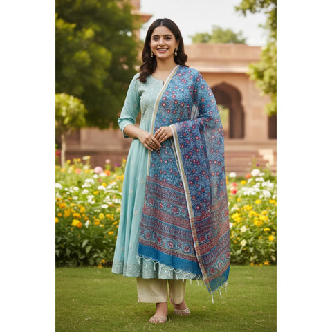 Sky Blue Kota Doria Dupatta | Bagru Floral Jaal Block Print | 235x90cm