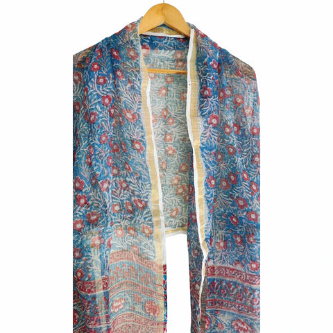 Sky Blue Kota Doria Dupatta | Bagru Floral Jaal Block Print | 235x90cm