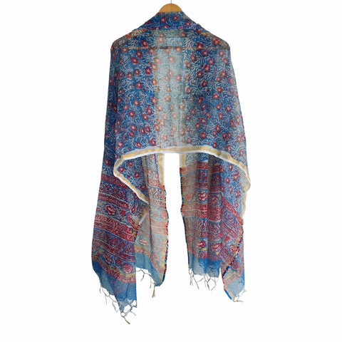 Sky Blue Kota Doria Dupatta | Bagru Floral Jaal Block Print | 235x90cm