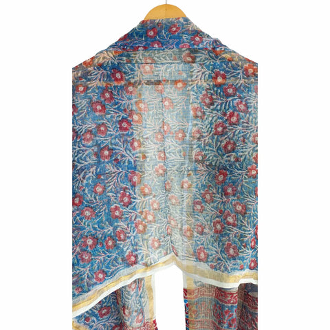 Sky Blue Kota Doria Dupatta | Bagru Floral Jaal Block Print | 235x90cm