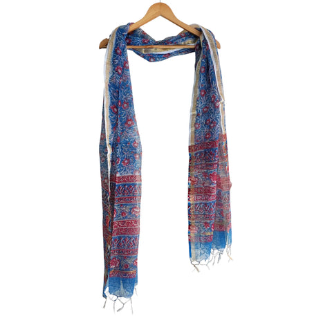 Sky Blue Kota Doria Dupatta | Bagru Floral Jaal Block Print | 235x90cm