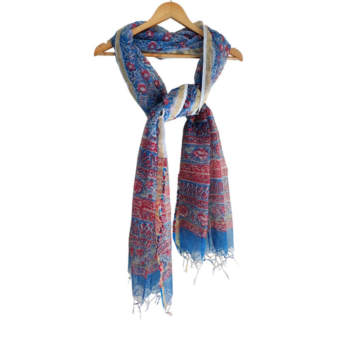 Sky Blue Kota Doria Dupatta | Bagru Floral Jaal Block Print | 235x90cm