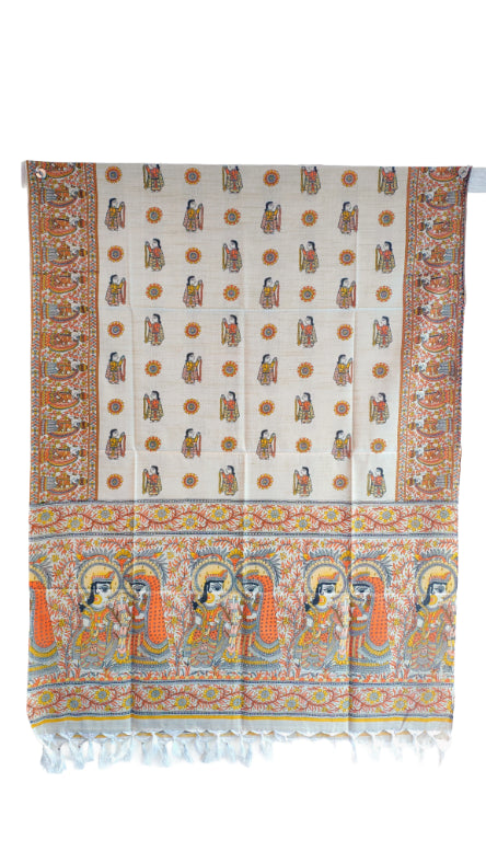 Purple Madhubani Art Printed Cotton Silk Dupatta