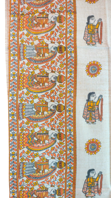 Purple Madhubani Art Printed Cotton Silk Dupatta