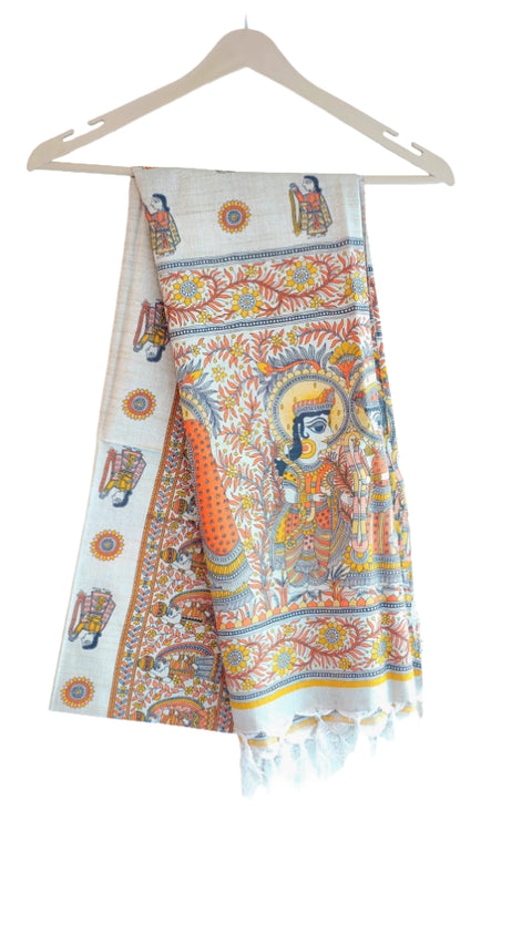 Purple Madhubani Art Printed Cotton Silk Dupatta