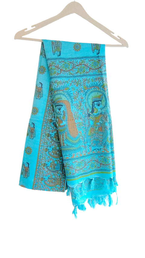 Purple Madhubani Art Printed Cotton Silk Dupatta