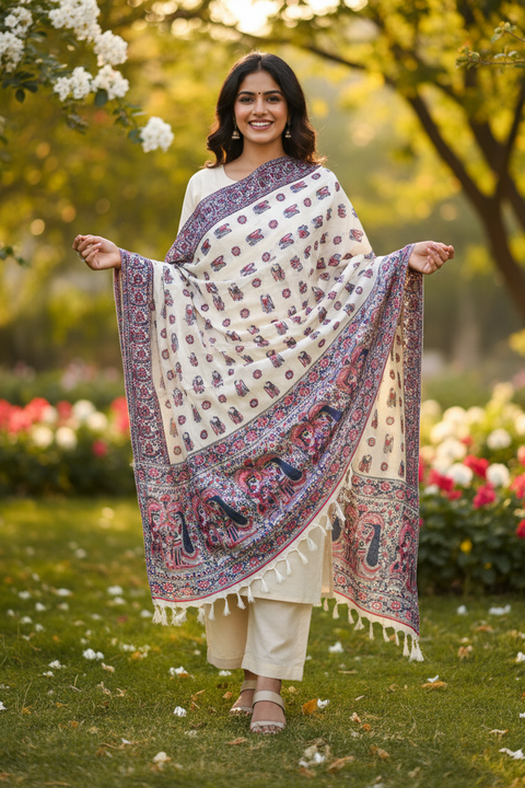 Purple Madhubani Art Printed Cotton Silk Dupatta