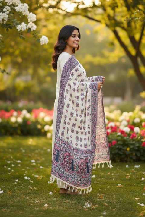 Purple Madhubani Art Printed Cotton Silk Dupatta