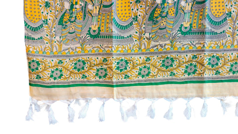 Purple Madhubani Art Printed Cotton Silk Dupatta