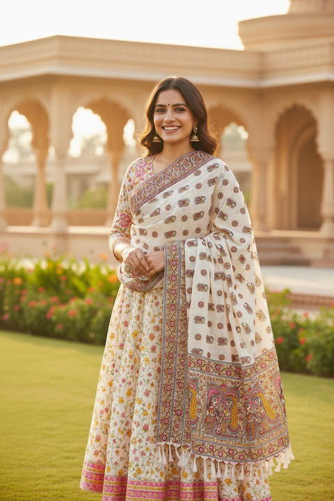 Purple Madhubani Art Printed Cotton Silk Dupatta