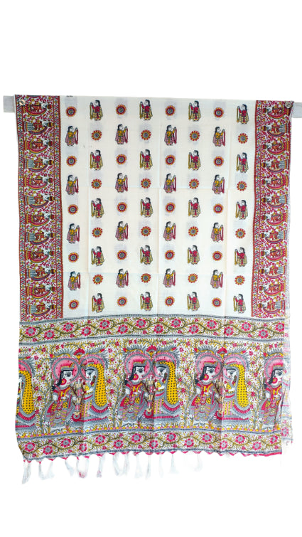 Purple Madhubani Art Printed Cotton Silk Dupatta