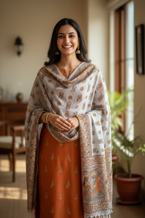 Purple Madhubani Art Printed Cotton Silk Dupatta