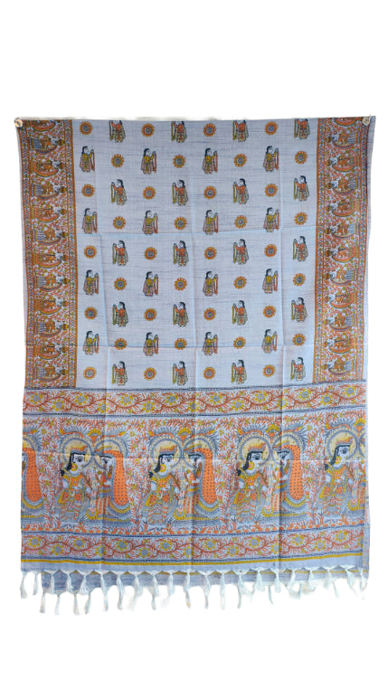 Purple Madhubani Art Printed Cotton Silk Dupatta