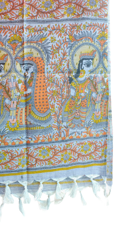 Purple Madhubani Art Printed Cotton Silk Dupatta