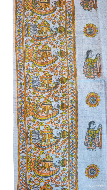 Purple Madhubani Art Printed Cotton Silk Dupatta