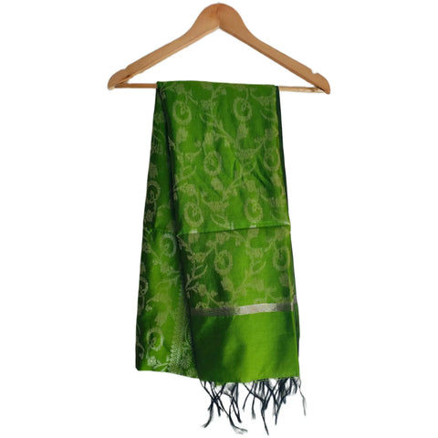 Parrot Green Banarasi Art Silk Dupatta — Jacquard woven with silver zari floral vine motifs