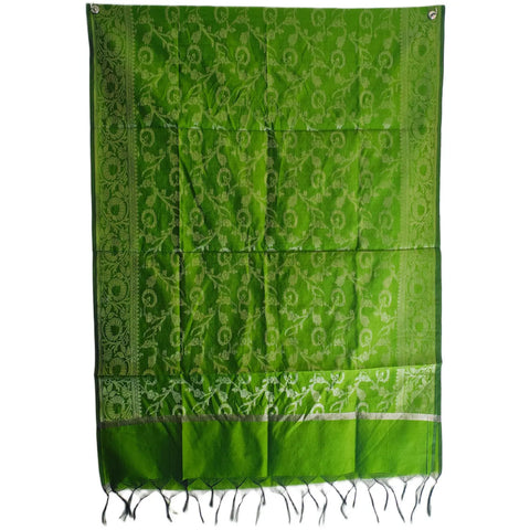 Parrot Green Banarasi Silk Dupatta draped view — 230x80cm festive dupatta for weddings
