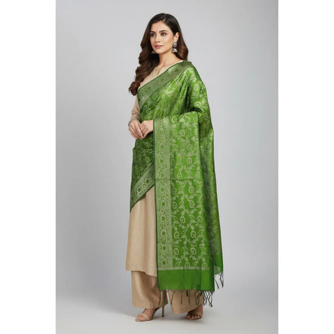 Parrot Green Banarasi Art Silk Dupatta — silver zari floral vine Jacquard weave