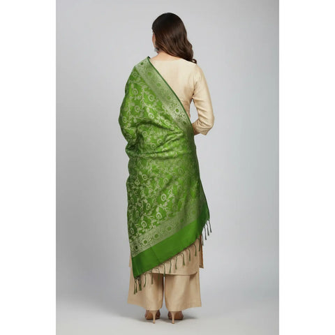 Parrot Green Banarasi Art Silk Dupatta — close-up of woven zari motifs