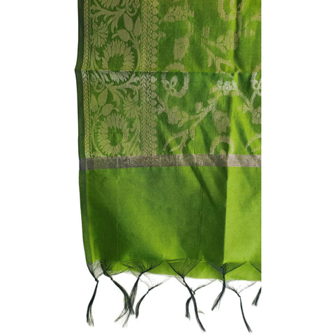 Close-up of Parrot Green Banarasi Silk Dupatta — silver zari floral vine weave texture