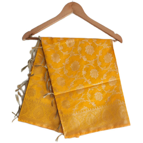 Mustard Yellow Banarasi Art Silk Dupatta — Jacquard woven with gold zari paisley motifs