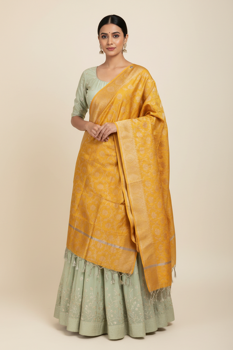 Mustard Yellow Banarasi Silk Dupatta | Art Silk Jacquard Woven | Festive & Wedding