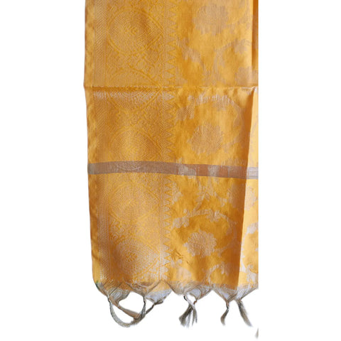 Close-up of Mustard Yellow Banarasi Silk Dupatta — gold zari floral paisley weave texture