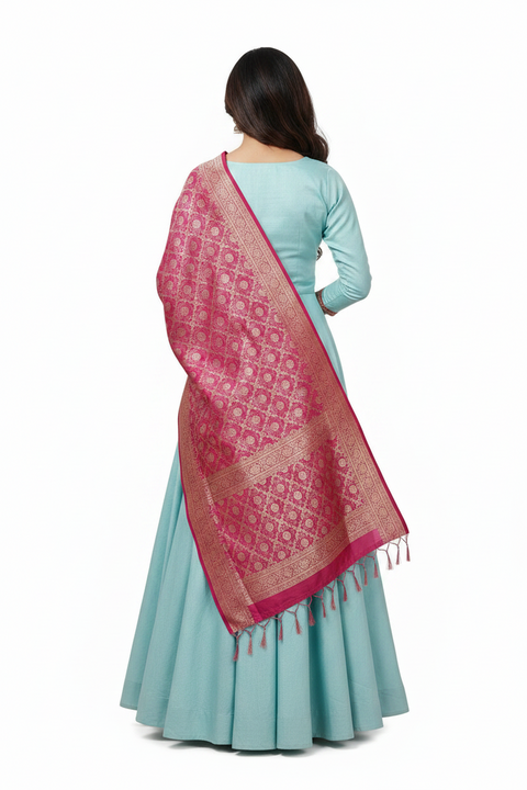 Rose Pink Banarasi Silk Dupatta | Art Silk Jacquard Woven | Bridal & Party Wear