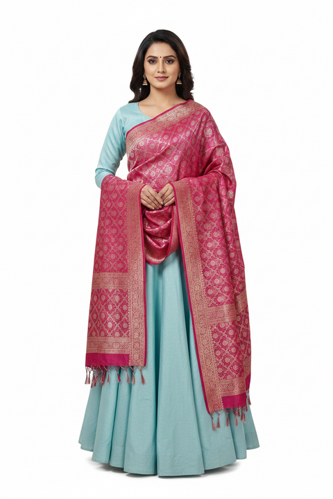 Rose Pink Banarasi Silk Dupatta | Art Silk Jacquard Woven | Bridal & Party Wear