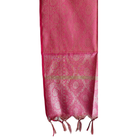 Close-up of Rose Pink Banarasi Silk Dupatta — gold zari buti weave texture detail
