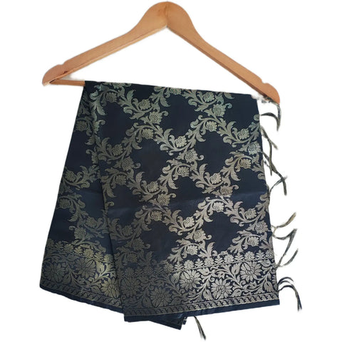 Black Banarasi Art Silk Dupatta — Jacquard woven with gold zari vine and floral motifs