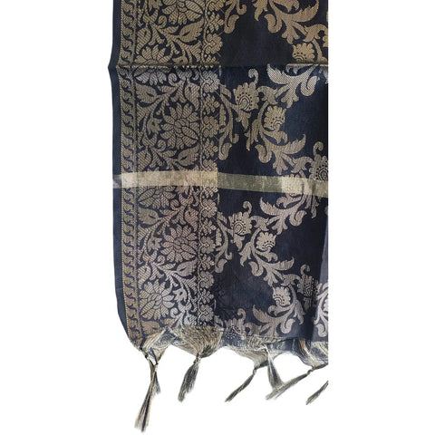 Close-up of Black Banarasi Silk Dupatta — gold zari trailing vine weave texture detail