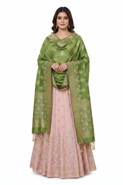 Mint Green Banarasi Silk Dupatta | Art Silk Jacquard Woven | Festive & Casual Wear