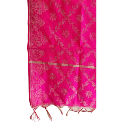 Close-up of Magenta Banarasi Silk Dupatta — gold zari lattice floral weave texture