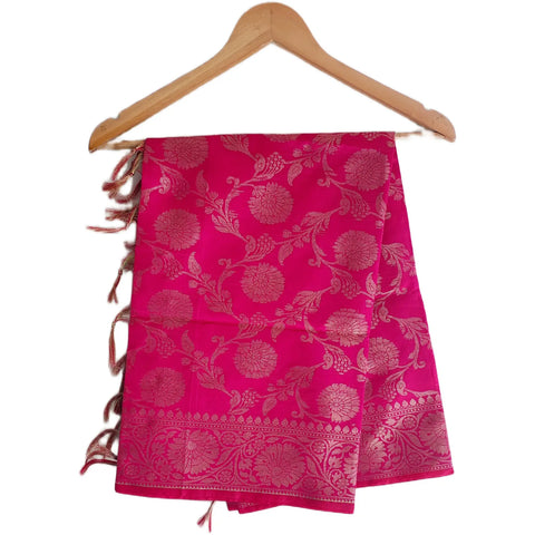 Hot Pink Banarasi Art Silk Dupatta — Jacquard woven with gold zari marigold floral motifs