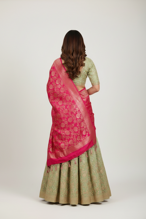 Hot Pink Banarasi Silk Dupatta | Art Silk Jacquard Woven | Mehndi & Sangeet Wear