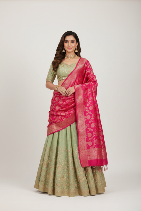 Hot Pink Banarasi Silk Dupatta | Art Silk Jacquard Woven | Mehndi & Sangeet Wear