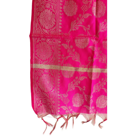 Close-up of Hot Pink Banarasi Silk Dupatta — gold zari marigold weave texture detail