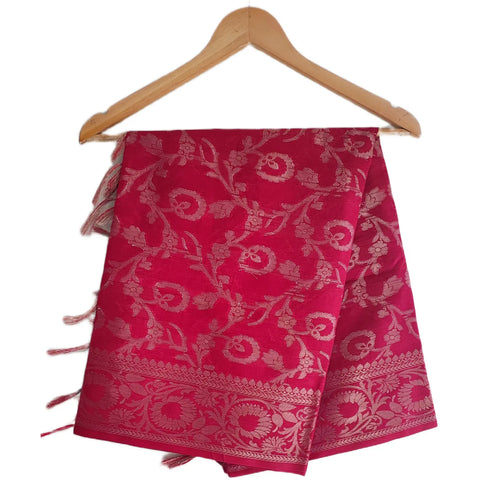 Crimson Red Banarasi Art Silk Dupatta — Jacquard woven with silver zari vine motifs