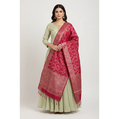 Crimson Red Banarasi Silk Dupatta | Art Silk Jacquard Woven | Bridal & Festive