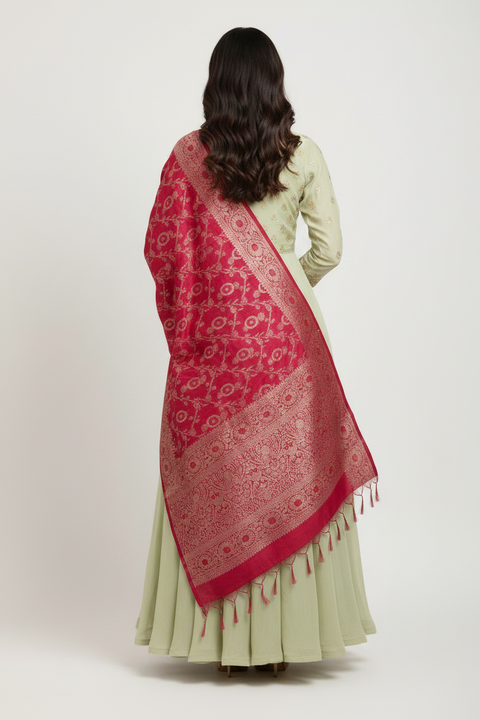 Crimson Red Banarasi Silk Dupatta | Art Silk Jacquard Woven | Bridal & Festive