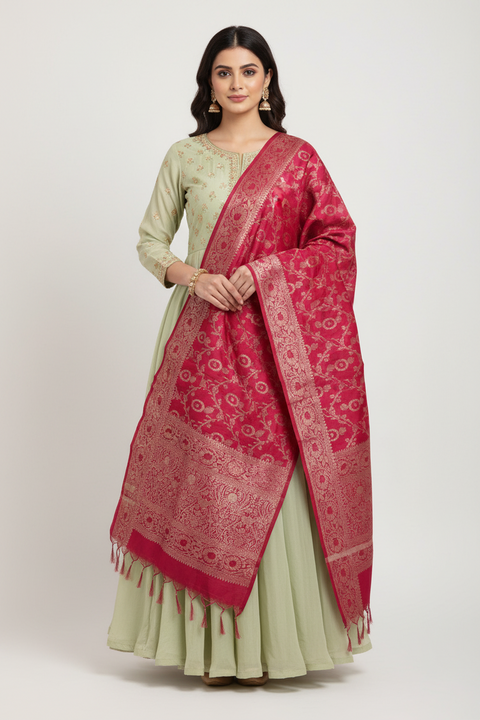 Crimson Red Banarasi Silk Dupatta | Art Silk Jacquard Woven | Bridal & Festive