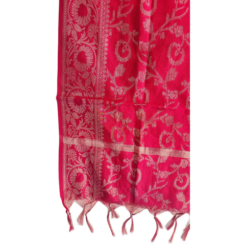 Close-up of Crimson Red Banarasi Silk Dupatta — silver zari vine weave texture detail