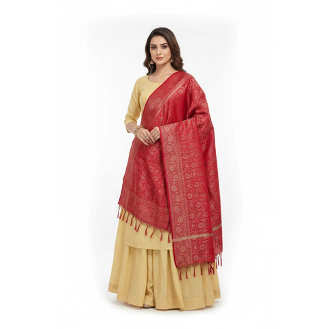 Red Banarasi Silk Dupatta with Floral Jaal | Art Silk Jacquard Woven | Bridal
