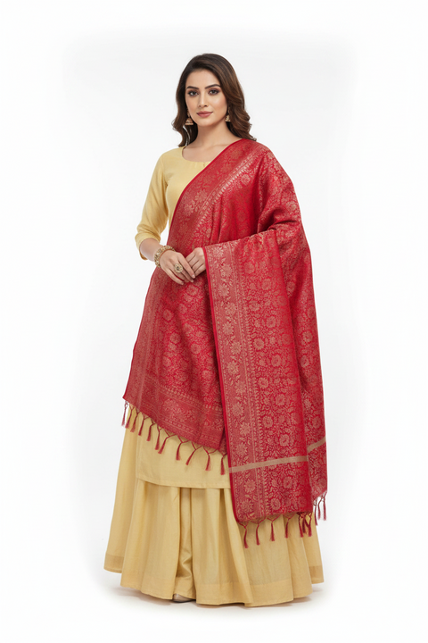 Red Banarasi Silk Dupatta with Floral Jaal | Art Silk Jacquard Woven | Bridal