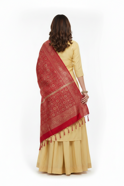 Red Banarasi Silk Dupatta with Floral Jaal | Art Silk Jacquard Woven | Bridal