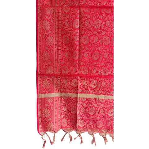 Close-up of Red Banarasi Silk Dupatta — dense gold zari floral jaal weave texture