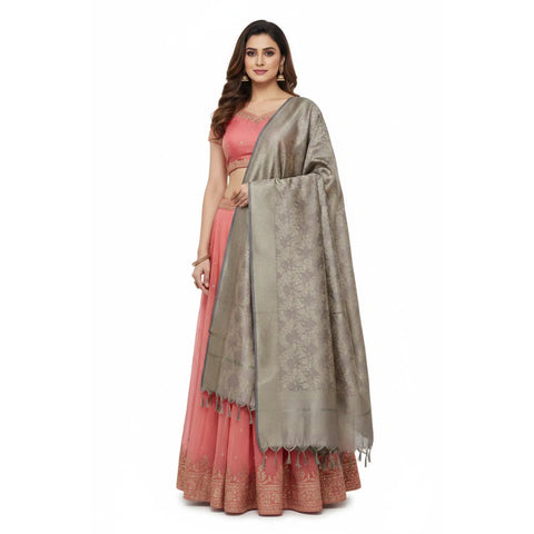 Grey Banarasi Silk Dupatta | Art Silk Jacquard Woven | Party & Festive Wear